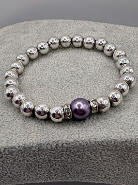 Swarovski Silver Bead Stretch Bracelet with Purple Pearl Accent & Crystals 7-8”